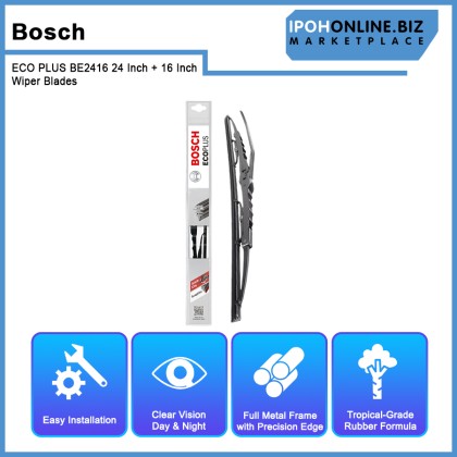 Bosch ECO PLUS BE2416 24 Inch + 16 Inch Wiper Blades New Quick-Clip Advanced Tropical Rubber Formula With Graphite For Chevrolet Dodge Fiat Ford Hyundai Kia Lexus Mazda Mitsubishi Nissan Renault Subaru Toyota